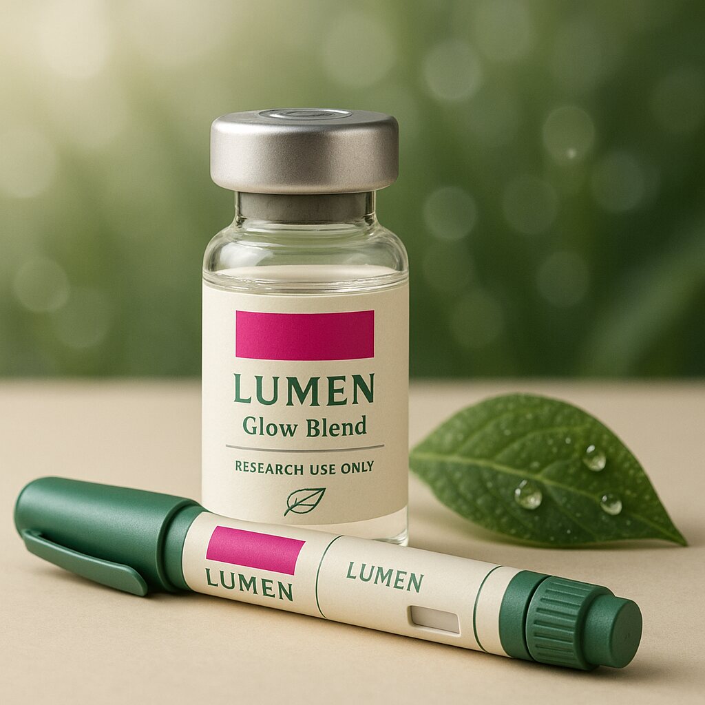 A clear Glow Blend research vial on a coloured plaster ledge, with botanicals beside it